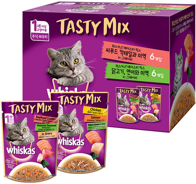 위스카스 테이스티믹스 주식파우치 씨푸드 칵테일과 미역 + 닭고기 연어와 미역, 닭, 70g, 12개