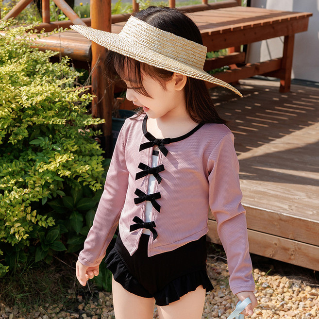 우주아이 여아용 블랙리본 원피스 수영복 + 가디건 세트