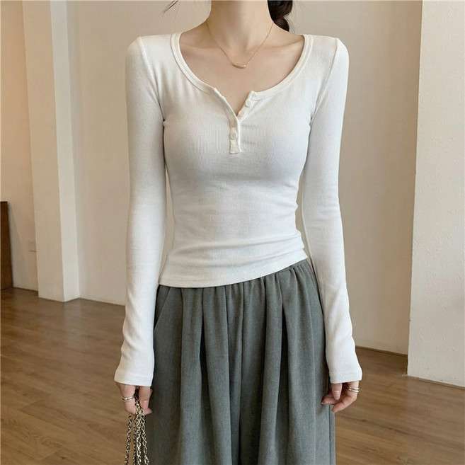 언헤브 여성용 슬림핏 버튼 골지 U넥 티셔츠