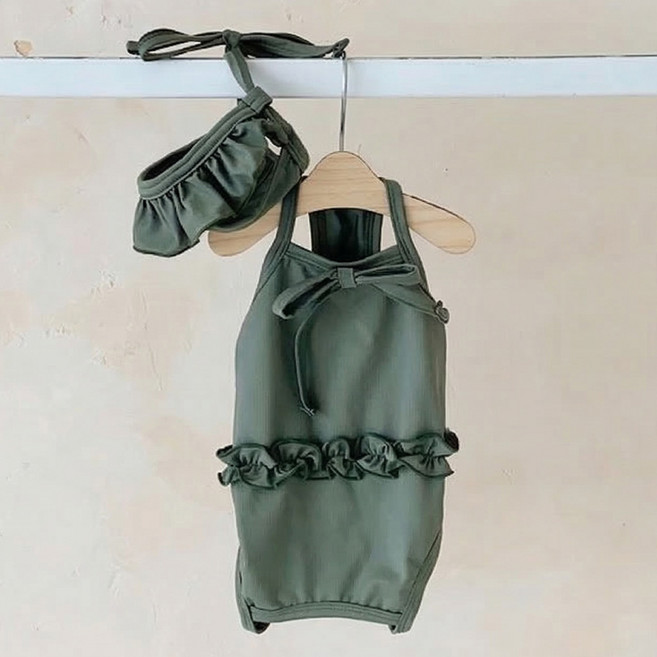 웨이비데이즈 반려동물 바캉스 심플 프릴 수영복 + 모자 세트 W265-0161GS, 그린, 1세트