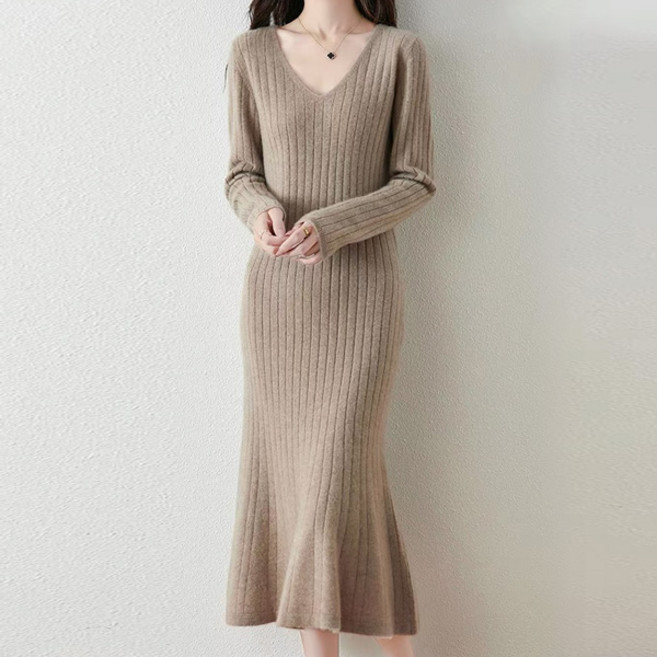 POPLARNC 女款Judebella V領針織長連身裙 P25WOPS091506, 深米色