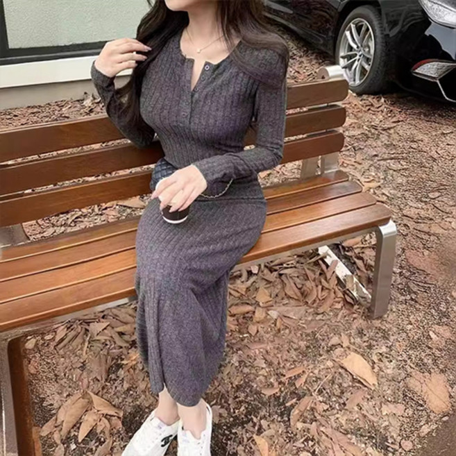 Goodif 女款 Roabel 針織修身長版連身裙, 灰色