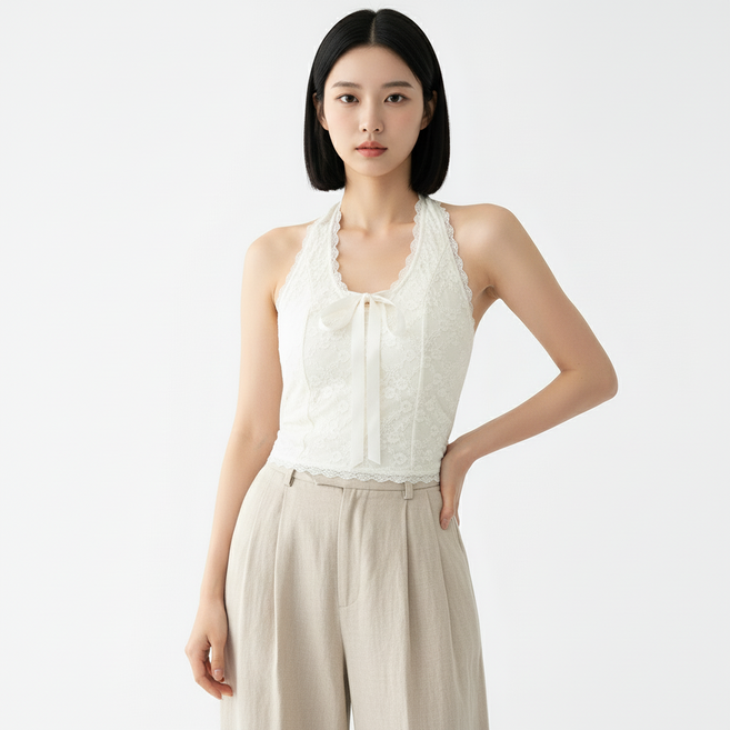 마켓피아 여성용 레이스 홀터넥 리본 슬림핏 나시