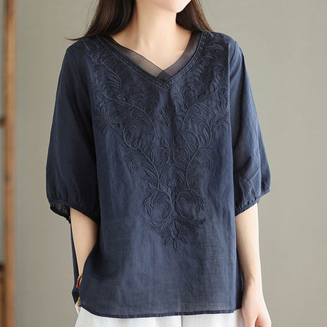 인피어스 중년 자수 반팔 블라우스 I263-0145