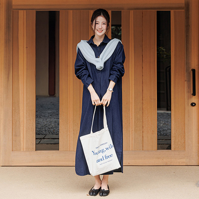 시크폭스 여성용 톤리스 데님 롱 셔츠 원피스 61ON1630