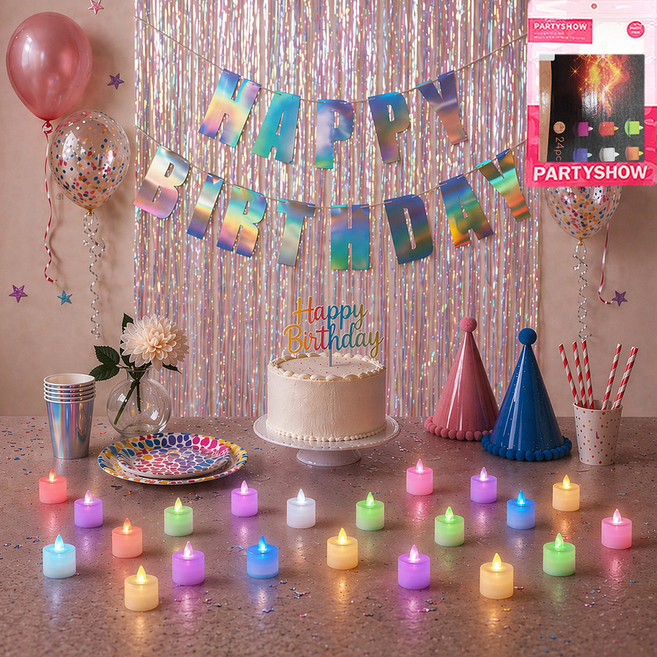 PARTYSHOW 極光生日派對彩虹LED蠟燭全息裝飾套組, 極光透明, 1套