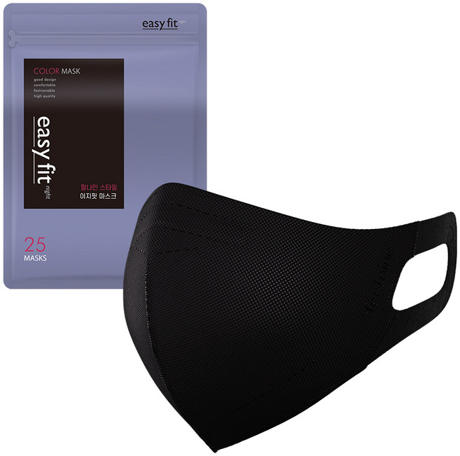 필나인 귀편한 이지핏 2D 새부리형 컬러 마스크 중형 벌크포장, 25개입, 1개, 시크블랙