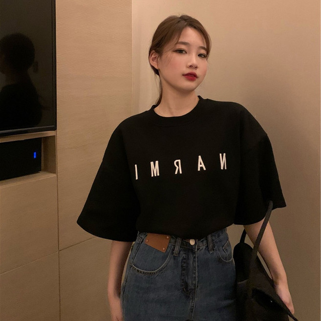 디멜디 여성용 오버핏 데일리 자수 레터링 반팔 티셔츠