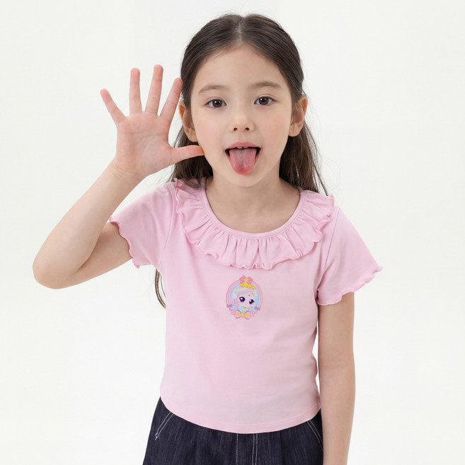 프리미에팜 아동용 캐치 티니핑 프릴소매 5부 면스판 티셔츠