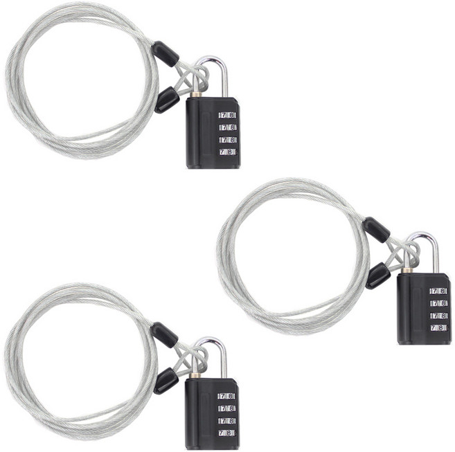 트래블큐브 도난방지 코팅 안전 케이블 2.5m + 4다이얼 안전 자물쇠 세트 블랙, 3세트
