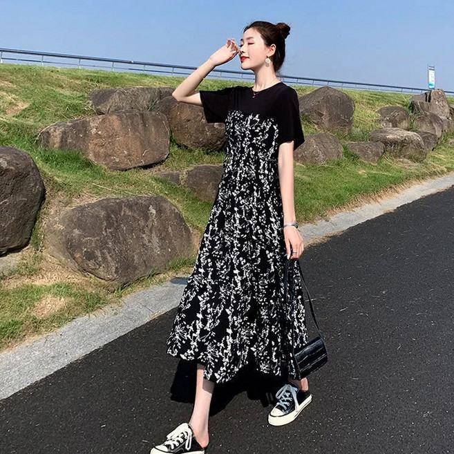Elsso 女款修飾身形遮肚高腰碎花長版連身裙, 黑色