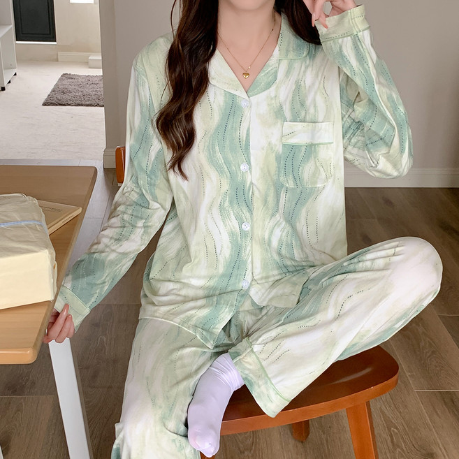 Anna&Co 女性波浪絲質長袖睡衣上下套裝