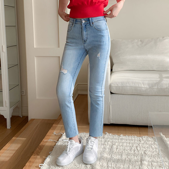 BEVERLY HILLS POLO CLUB 比佛利保羅 女款隱藏式鬆緊帶修身彈力褲腳不收邊直筒牛仔褲 C10