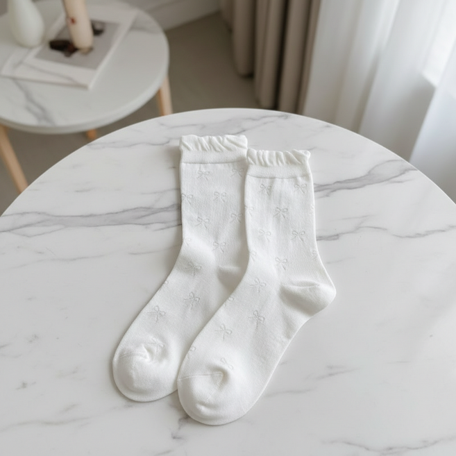 마켓피아 여성용 봄 여름 나비리본 패턴 프릴 삭스 3켤레