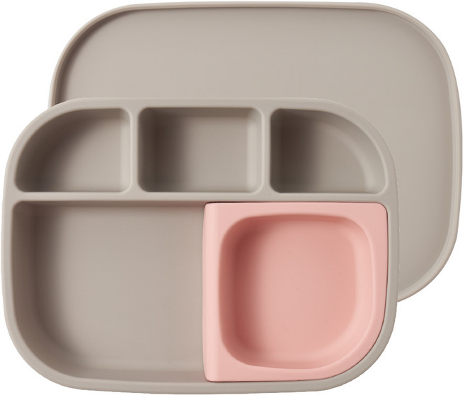 warmly 吸附式矽膠分隔餐盤組, 托盤+碗+托盤蓋, 珊瑚色