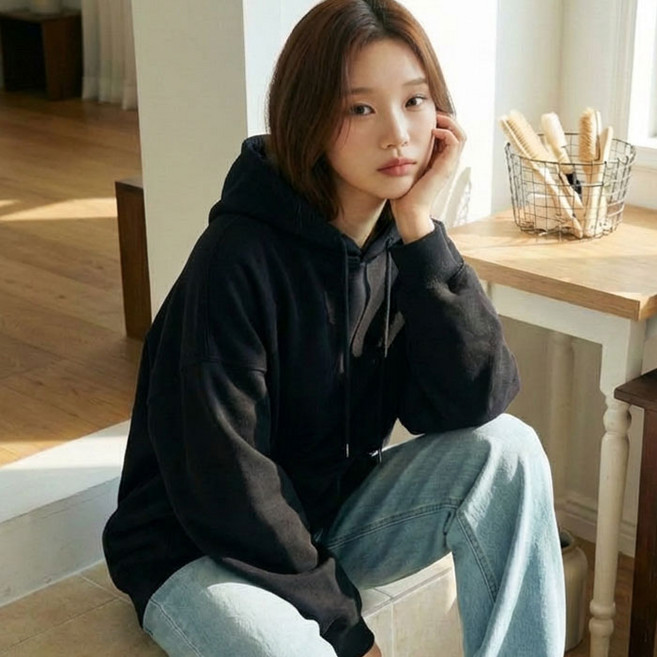 에어플레인 남녀공용 무지 주머니없는 특양면 오버핏 후드티