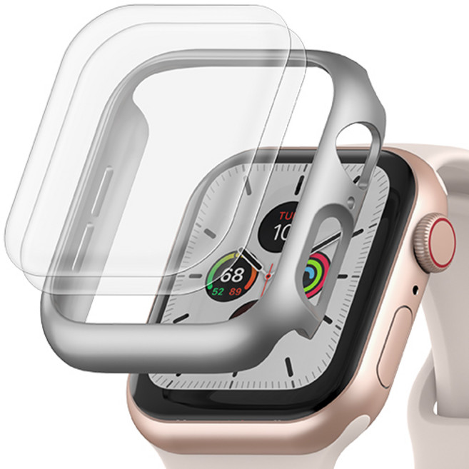 SINJIMORU Apple Watch 自我修復TPU螢幕保護貼 2個 + 硬殼保護殼, 銀色, 1組