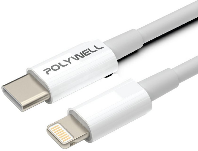 POLYWELL 寶利威爾 Type-C-Lightning PD充電線 PW15-W45-A242, 1m, 白色, 1條