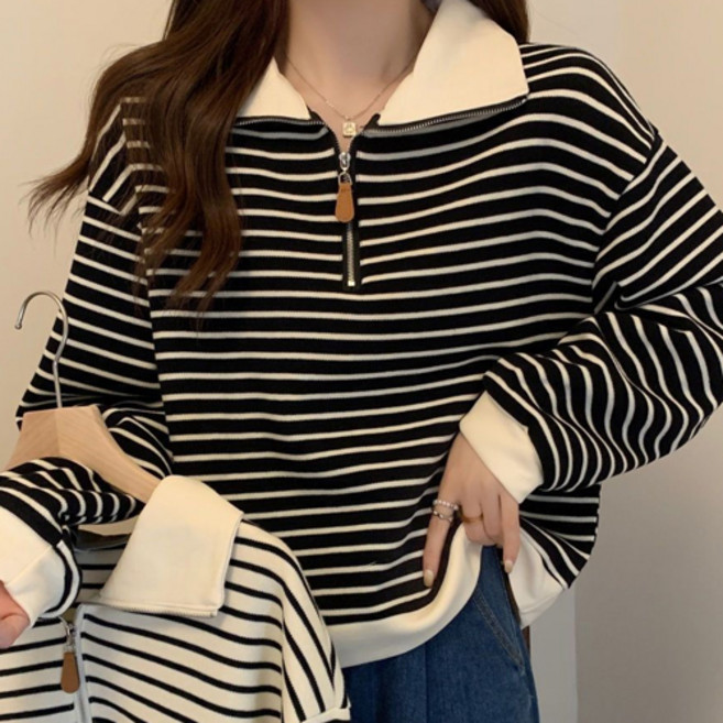 더플로우커머스 여성용 캐주얼 스트라이프 여유핏 긴팔 카라 티셔츠