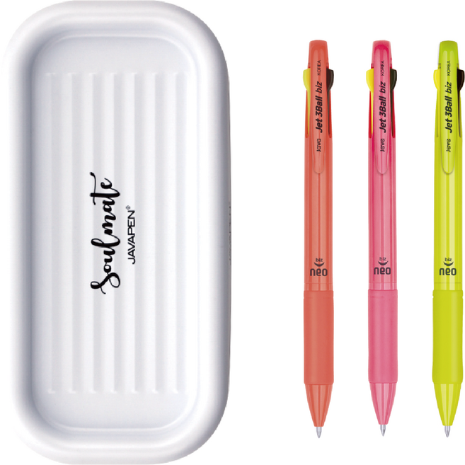 자바펜 제트 3볼 Biz 네오 0.7 유성 흑 + 적 + 0.5 형광 펜 3종 + 펜트레이 세트, 옐로우, 오렌지, 핑크(펜), 화이트(트레이), 1세트