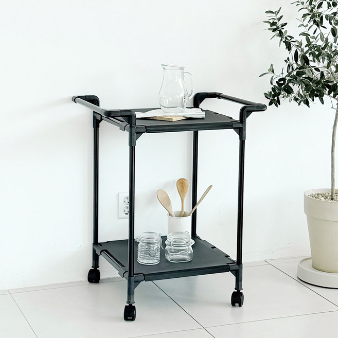 Living Happy 韓國製 雙層基本款服務推車, 黑色, 1個