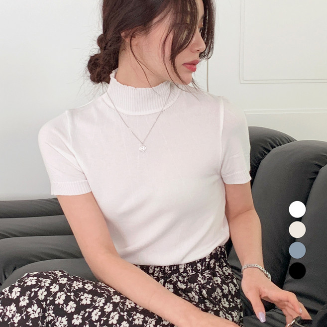 보에리에 여성용 소프트 텐셀 여름용 하이넥 반팔 니트