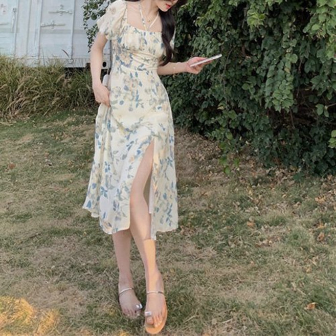 MMMII 女款海灘風碎花抓皺雪紡長洋裝 MMM199, 混合色