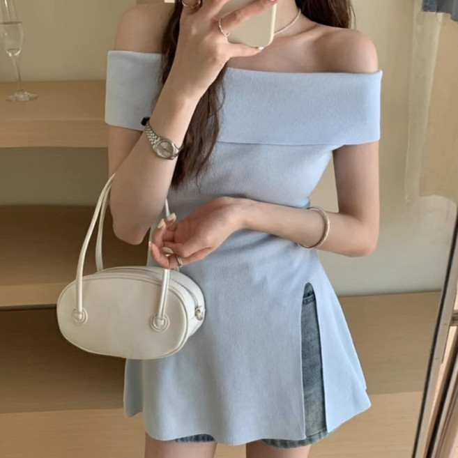 피어니스트 여성용 롱 트임 포인트 오프숄더 슬림핏 니트탑