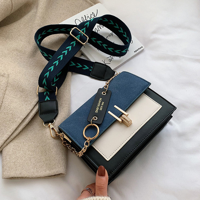 Elsso 雙色撞色鏈條肩背斜揹包, 藍色