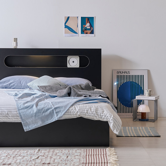 웰퍼니쳐 모화 LED 3단 수납형 침대프레임 단품 방문설치, 블랙