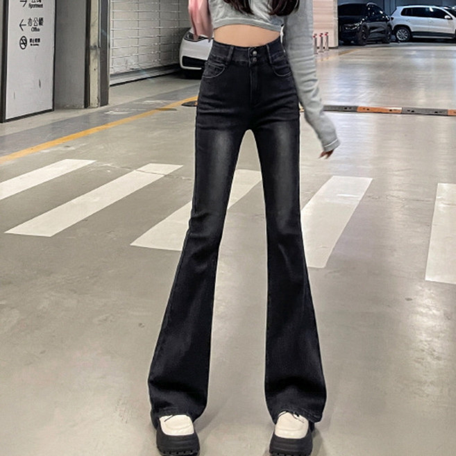 PEONIST 女款雙鈕扣高腰靴型牛仔褲