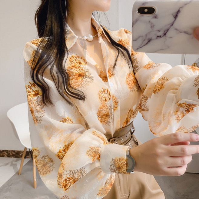 DMELD 女款大花朵長袖襯衫