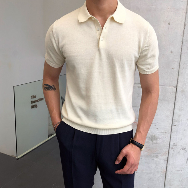 엘쏘 남성용 하프 단추 반팔 니트 카라 티셔츠