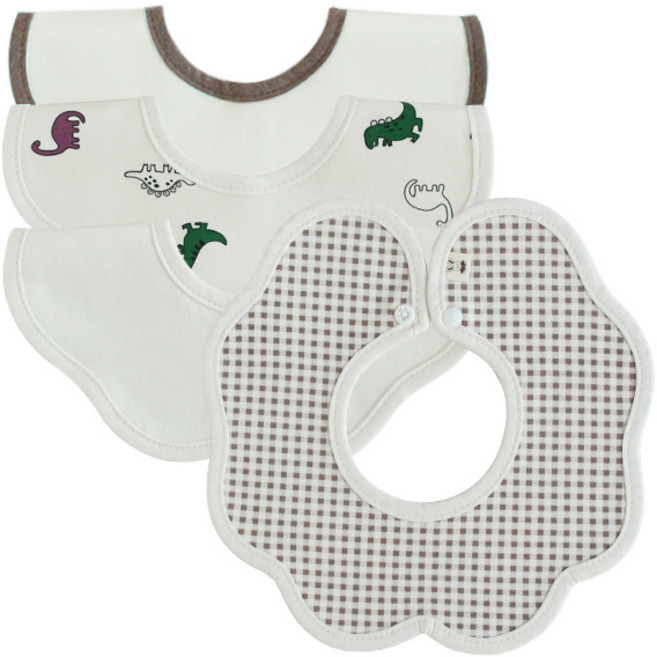 바니블라썸 롤링 턱받이 세트, 코코아체크 + 베이지무지 + 공룡 + 브라운베이지, 4개입, 1세트