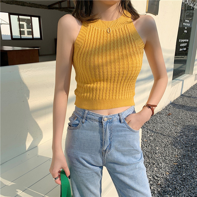 라라티나 여성용 파비엔 홀터넥 크롭 니트 스판 탱크탑