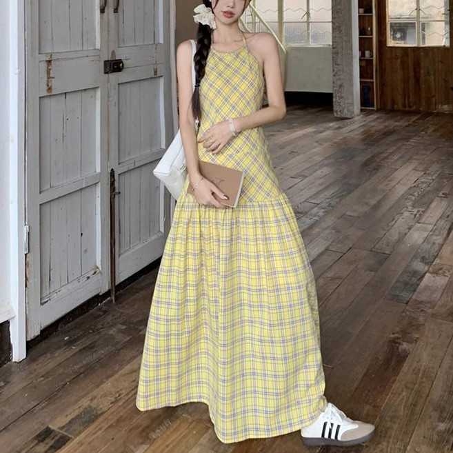 MarketA 女款格紋柔美削肩長版連身裙 M263-0056Y, 黃色