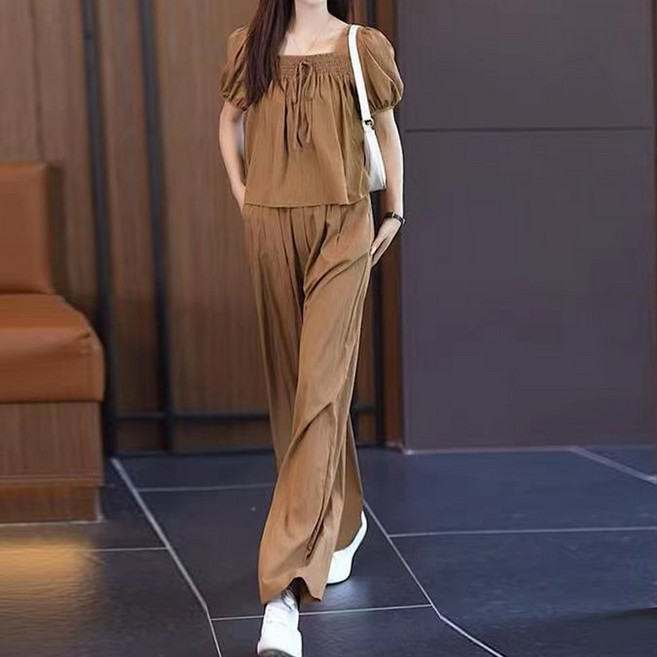 엘쏘 여성용 캐주얼 하원 데이트룩 반팔 + 와이드팬츠 세트