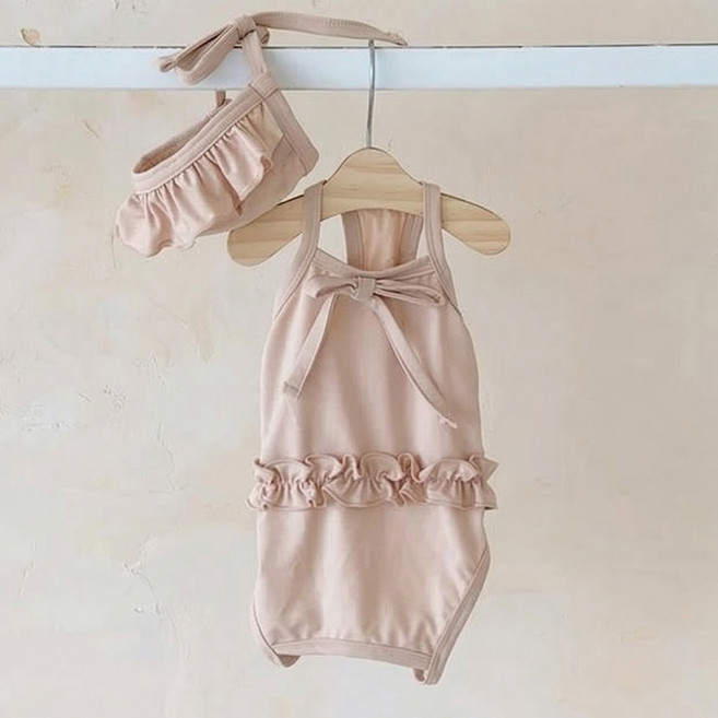 웨이비데이즈 반려동물 바캉스 심플 프릴 수영복 + 모자 세트 W265-0161BES, 베이지, 1세트