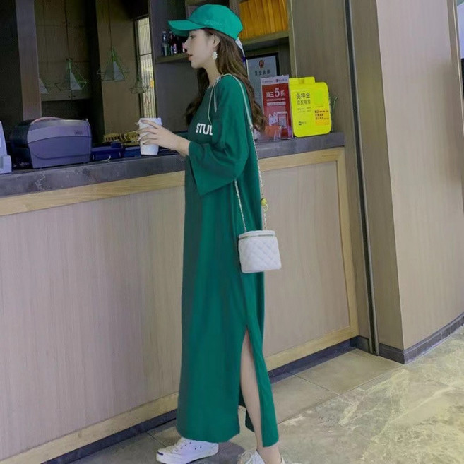 DMELD 女款開衩長版休閒寬鬆連身裙, 綠色