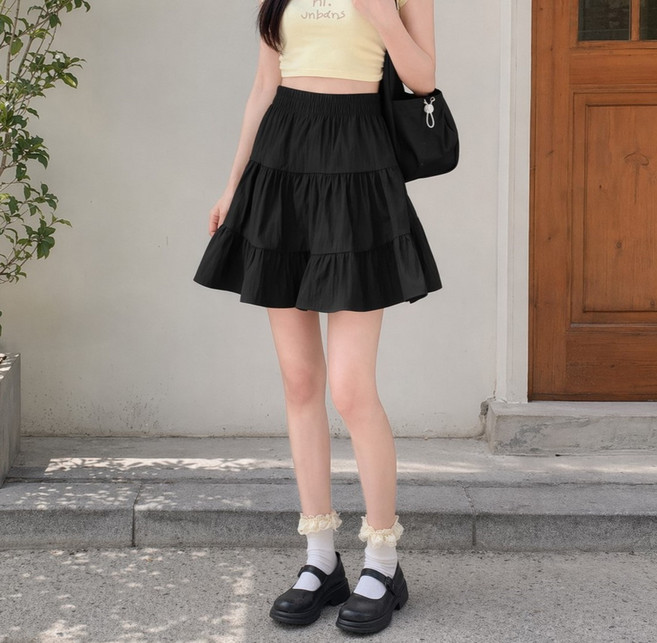 Unheve 女款可愛荷葉邊鬆緊帶迷你裙