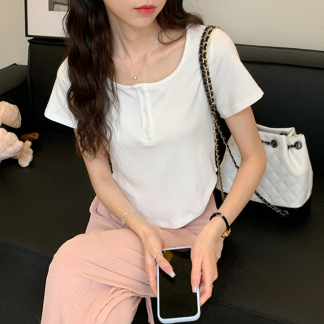 안다로미 여성용 러블리U 밑단 골지 반팔 티셔츠