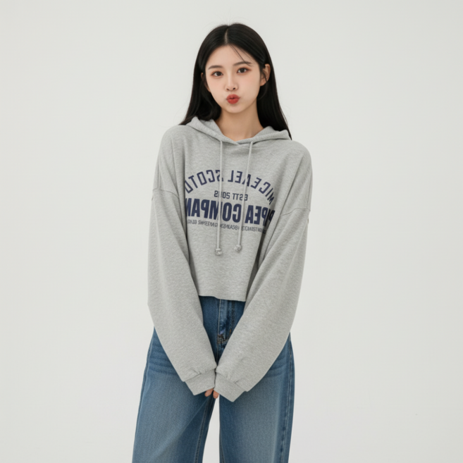 구디프 여성용 루즈핏 프린트 크롭 후드 티셔츠