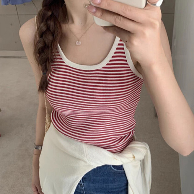 더시럽 여성용 포인트 배색 라인 니트 나시