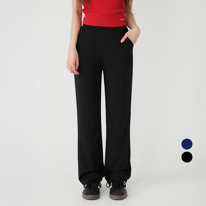 Cotton Closet 女款涼爽夏季高腰彈性鬆緊帶長版直筒西裝褲