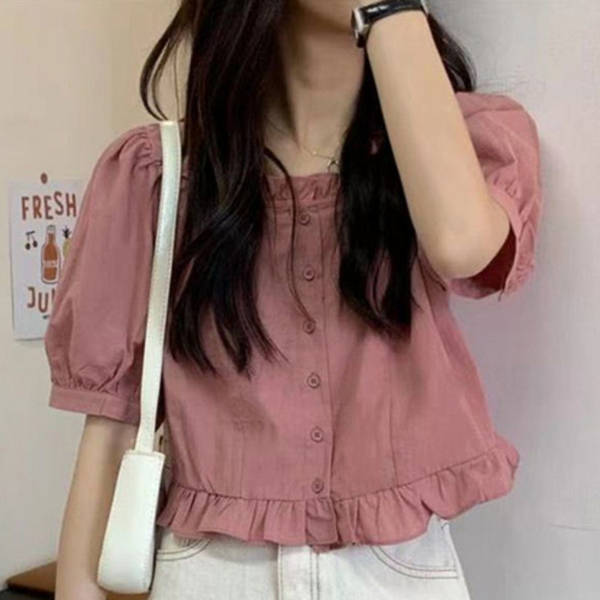 PEONIST 女款粉彩甜美泡泡袖荷葉邊短袖襯衫