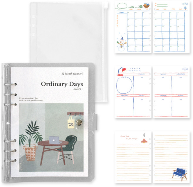 모노라이크 A5 오디너리 데이즈 6공 만년형 다이어리 세트, 03 Green day, 1세트