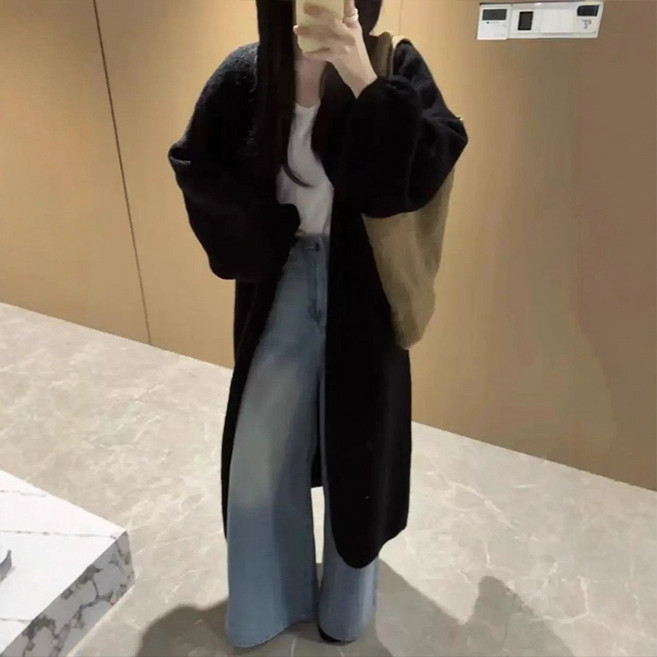 Goodif 女性Oversize冬季加厚寬鬆版針織長版開襟衫外套