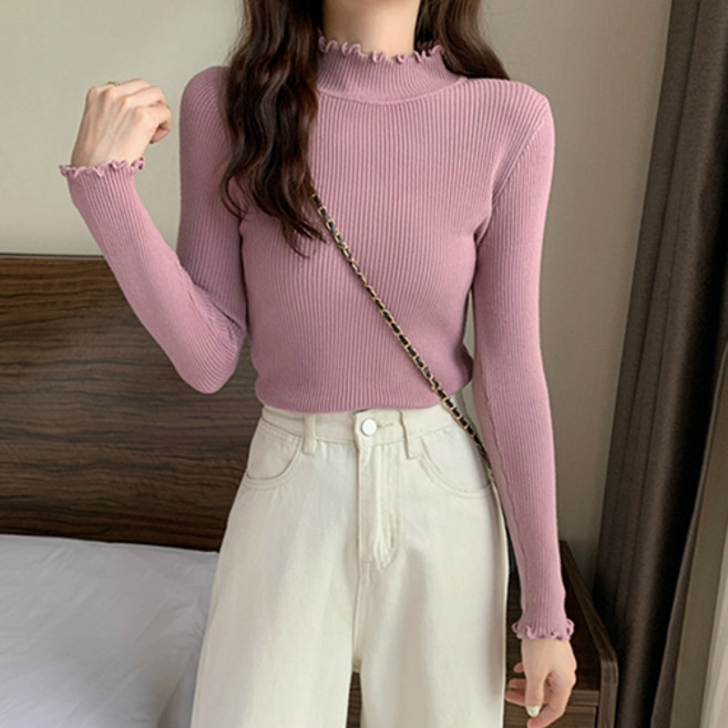 레몬소울 여성용 팩트 물결 반목 골지 니트티