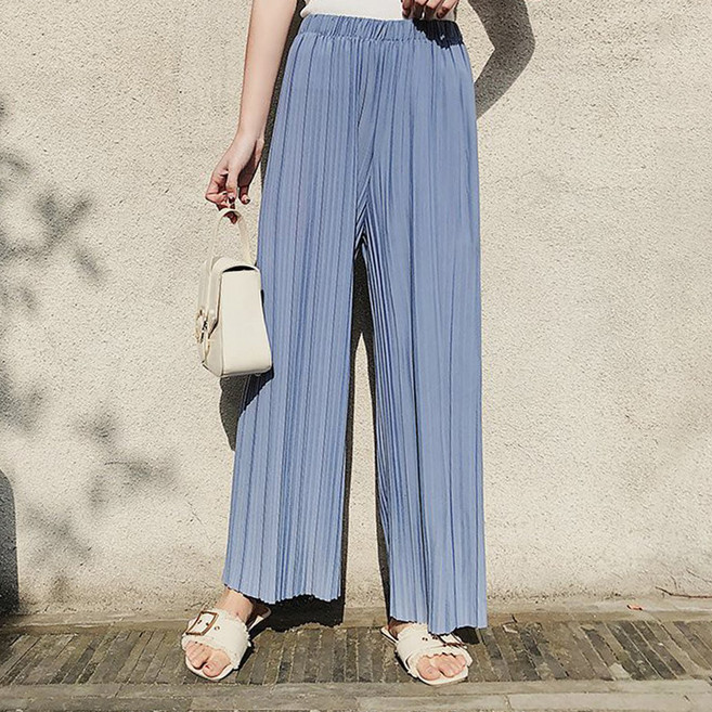 엘쏘 여성용 쿨링 주름 플리츠 하이웨스트 밴딩 와이드 팬츠