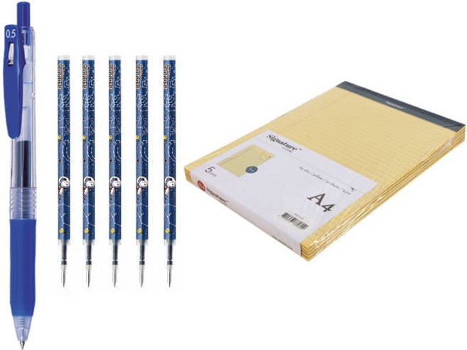 절취 리갈패드 A4 5p + 스누피 젤잉크펜 + 전용 리필 5p 문구세트, 옐로우(패드), 블루(펜, 리필), 1세트